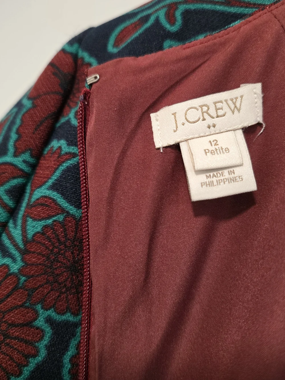 J. Crew Teal and Burgundy Floral Sheath Midi Dress Business, Office Dress Petite